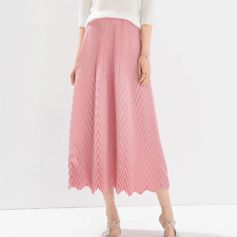 Miyake Skirt Women's Fashionable and Versatile Handmade V-pleated Solid Color Elastic Drape A-line Pleated Skirt 2024 Spring New