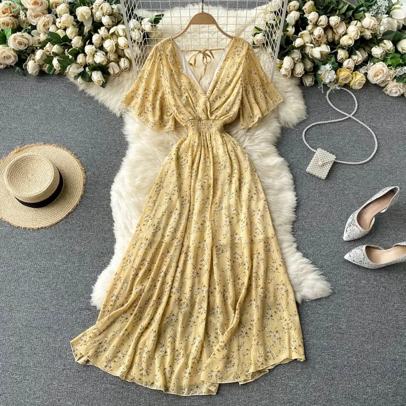 

Dress Women Long Dresses A Line Chiffon Vestidos Floral Print V Neck Streetwear Short Sleeve Elegant Y2k High Waist 2025 Party