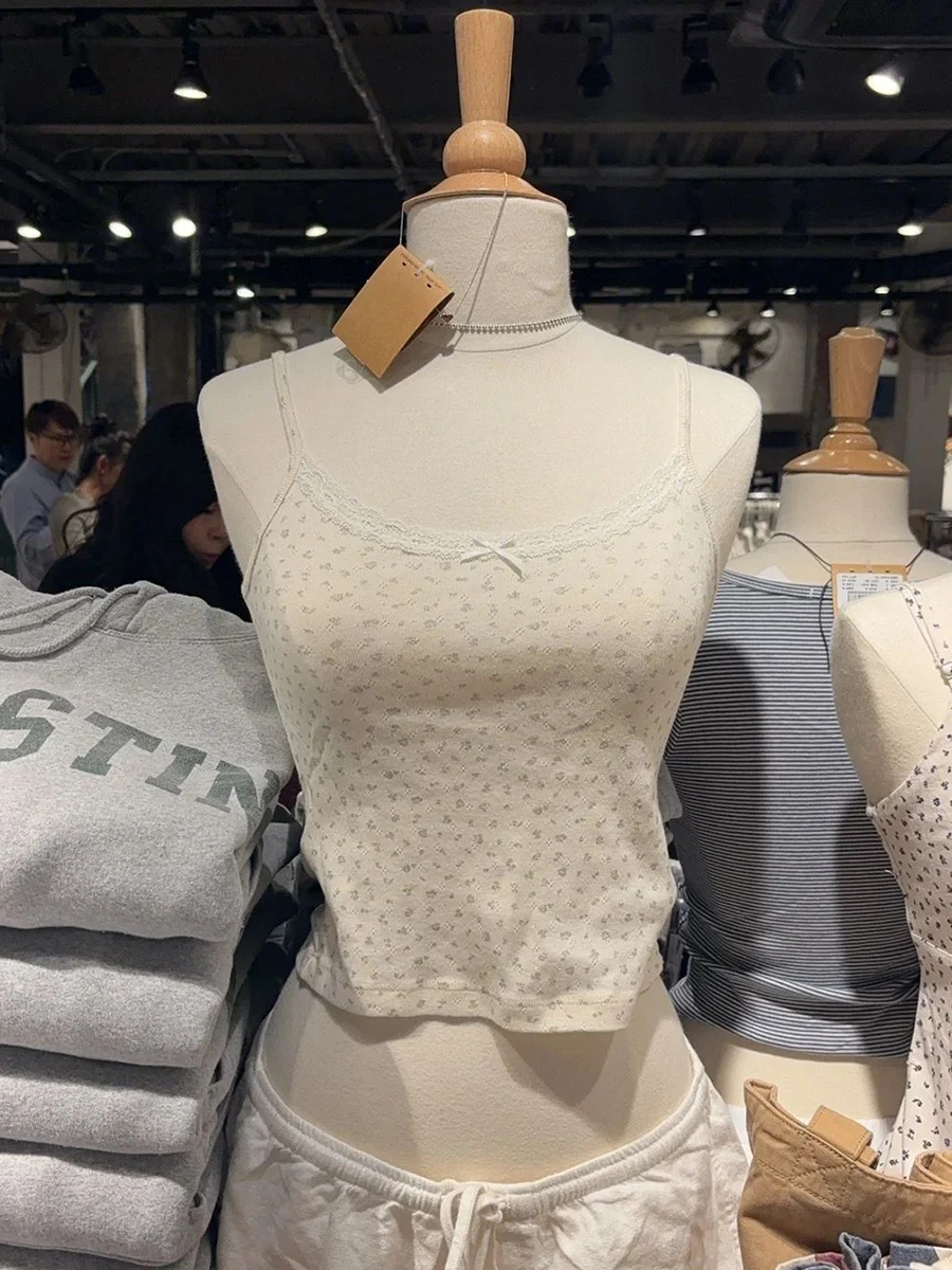 الأخضر الأزهار العيينة سليم المحاصيل الأعلى امرأة الصيف القوس الدانتيل تقليم أكمام القطن كاميس الحلو Preppy نمط كل مباراة تانك القمم Y2k #2