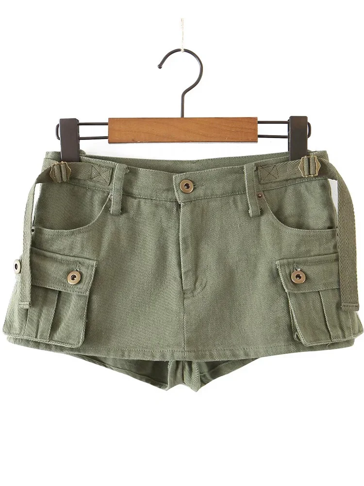 Willshela Women Fashion With Pockets Army Green Front Zipper Cargo Mini Skirts Shorts Vintage Mid Waist Female Chic Lady Shorts