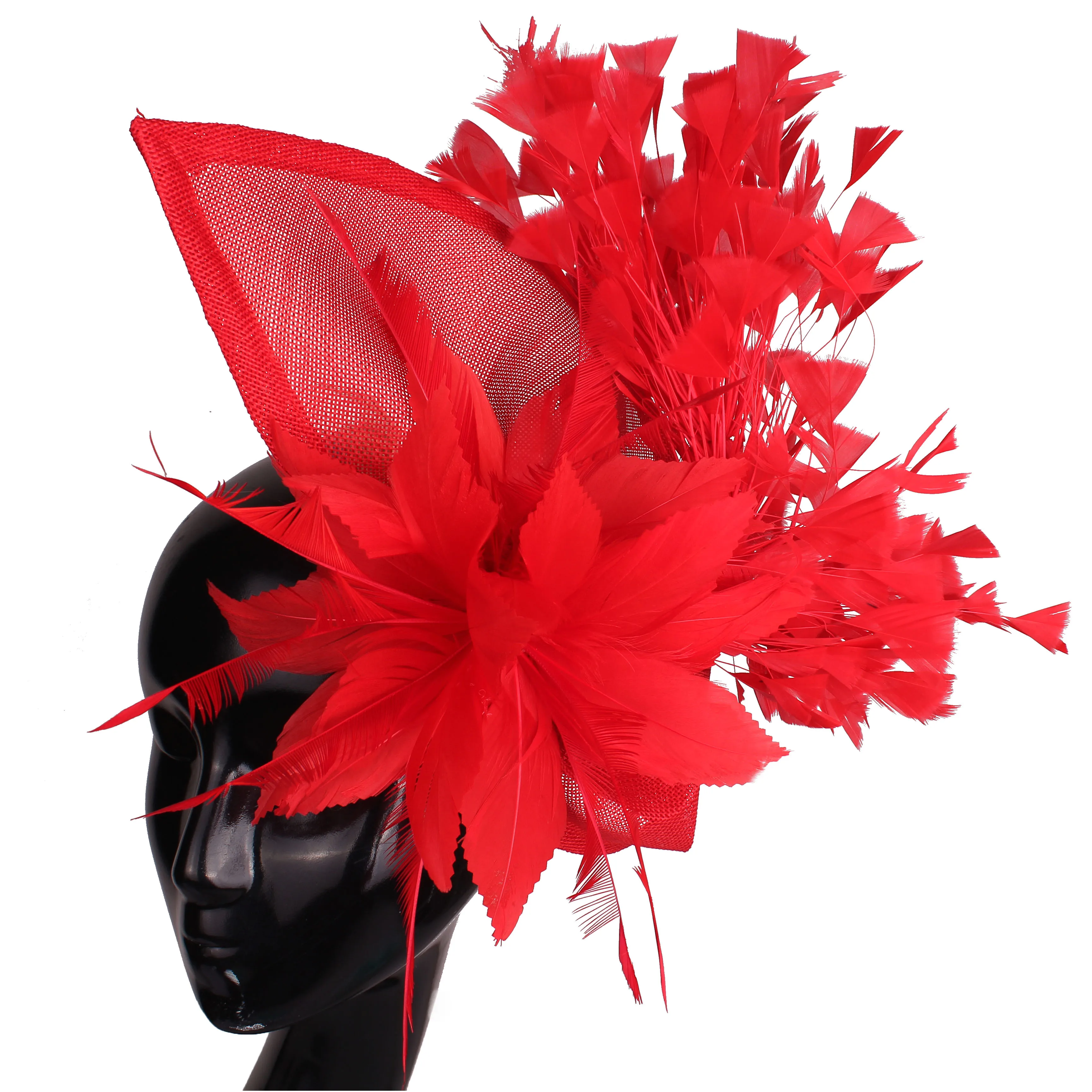 Elegant Red Wedding Headwear Imitation Sinamay Women Fascinator Hat Feather Bride Hair Accessories Vintage Headdress For Lady