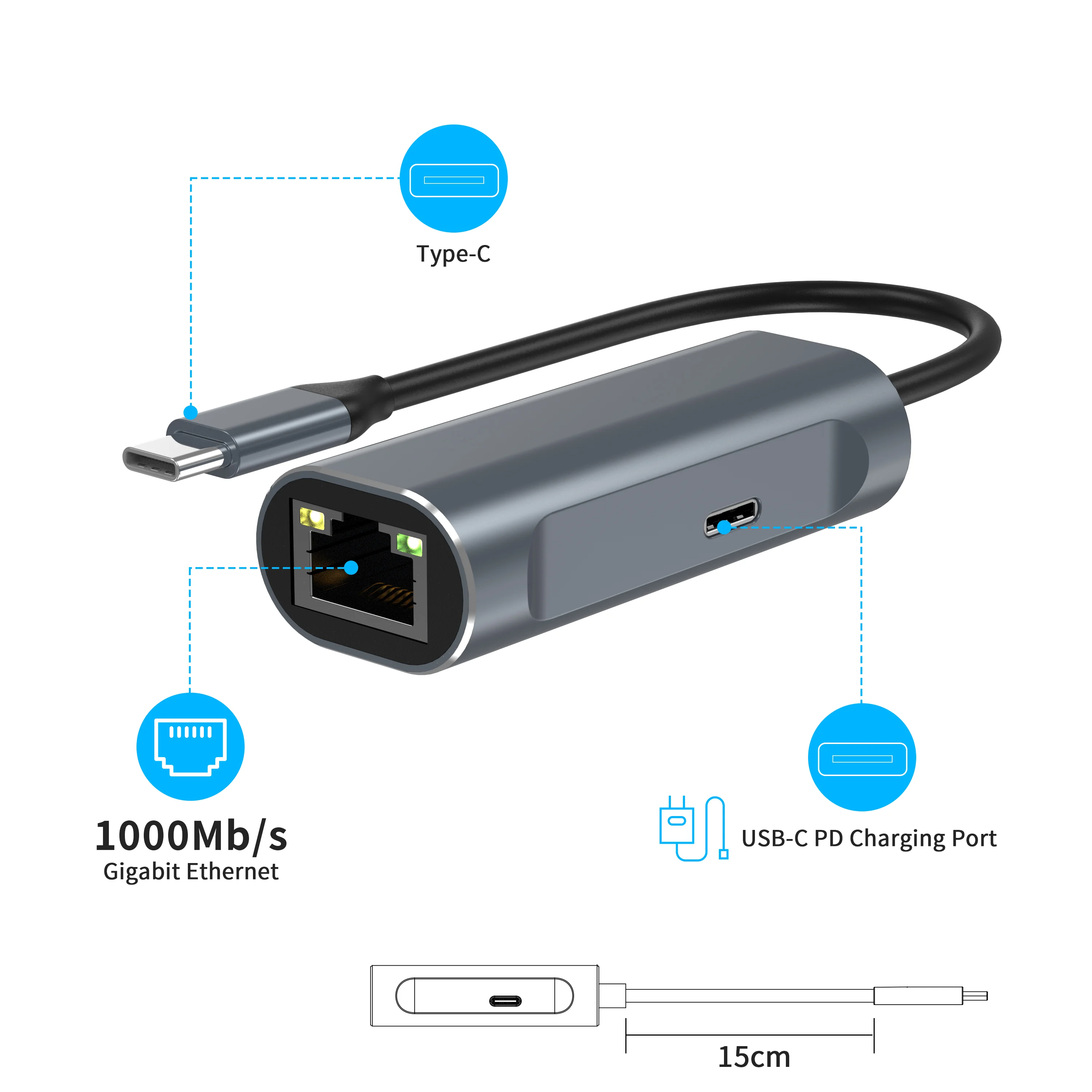 Electronics Type-C to Gigabit 1000 Mbps USB-C PD 100W Charging Adapter Ethernet LAN Network Adapter Plug and Play