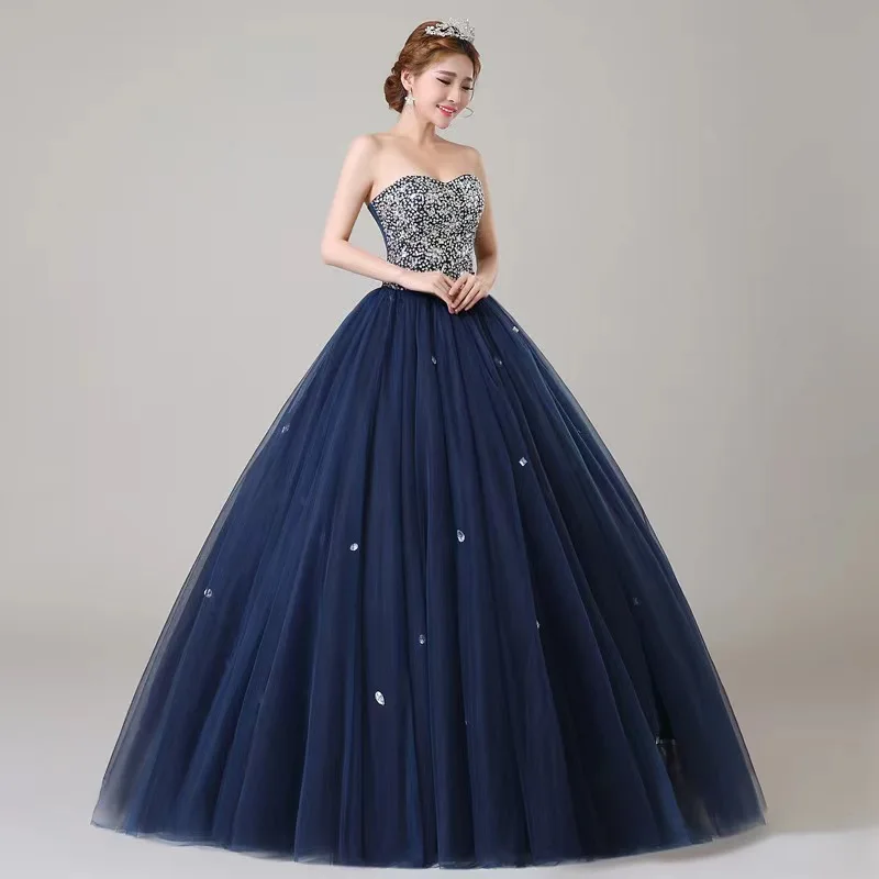 Navy Blue Quinceanera Dresses Sweetheart Vestidos De 15 Años Crystal Beads Tulle Sweet 16 Ball Gowns Debutante Party Dress