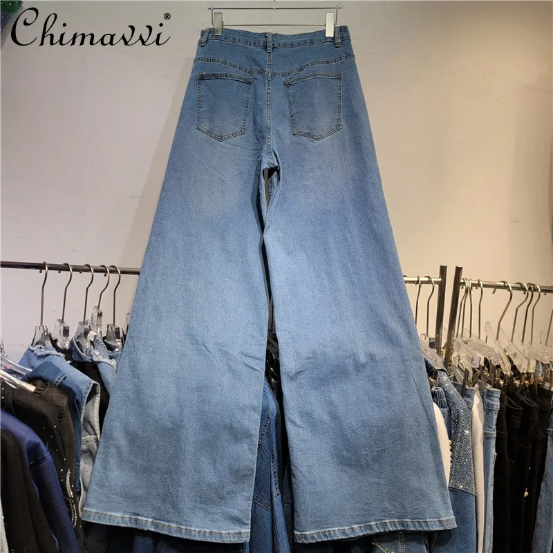 패션 핫 다이아몬드 프린지 와이드 레그 진 여성 2025 여름 신상 하이 스트릿 스트레이트 팬츠 큰 사이즈 여성 데님 팬츠