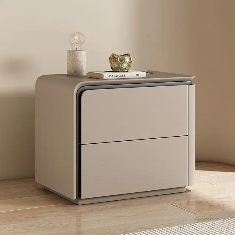 Simple modern light luxury all solid wood leather bedside table Minimalist Italian high-end new fully equipped storage cabinet