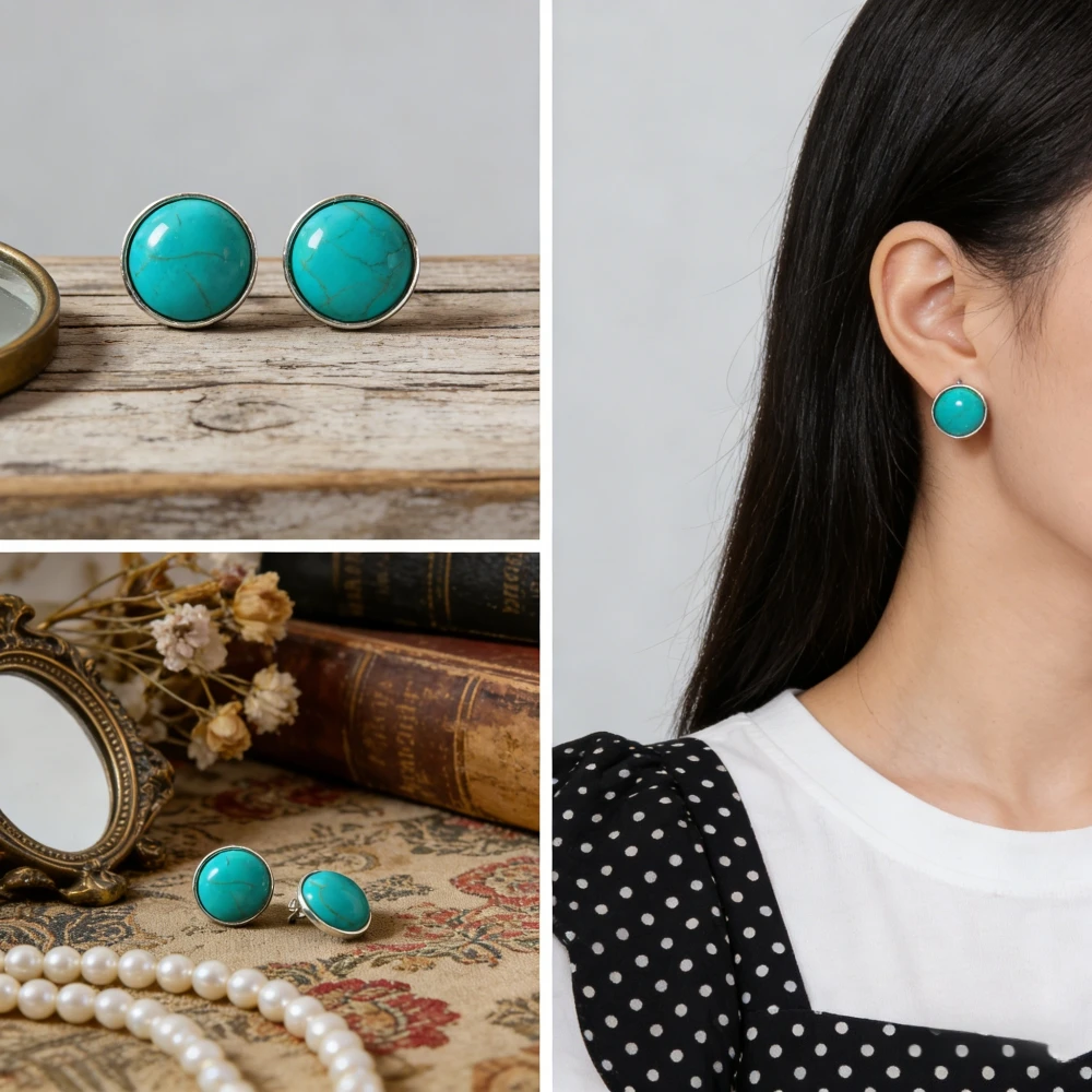 Ethnic Boho Fashion - Pendientes redondos retro de color turquesa