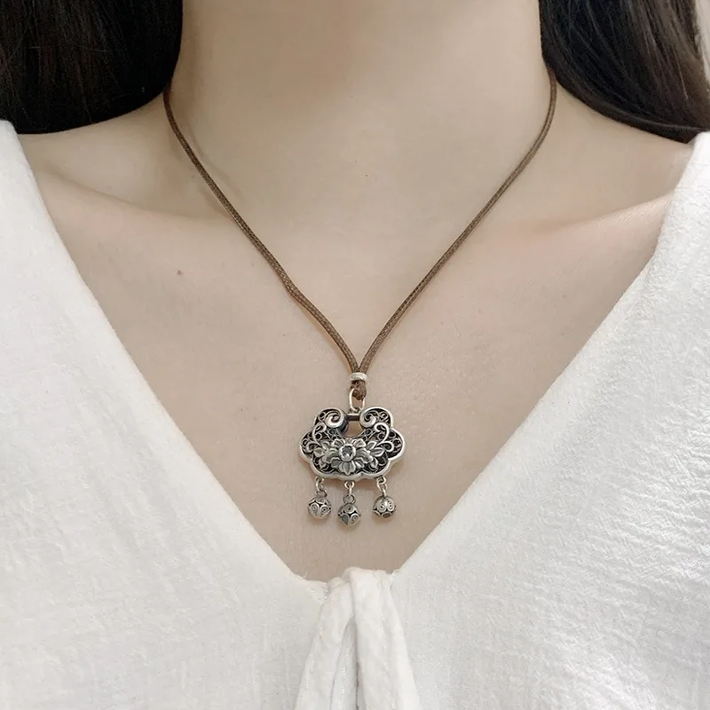 925 Silver Hollow Out Peony Flower Tassel Necklace for Women Adjustable and Exquisite Long Ruyi Lock Pendant Retro Style Jewelry