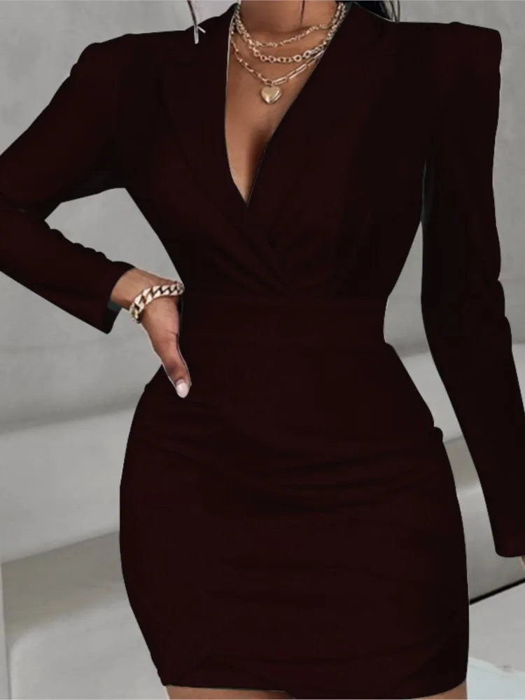 Woman's Sexy Solid Mini Dress Fashion Suit Collar High-waisted Long Sleeves Dresses Spring Autumn Lady Slim Streetwear Vestidos