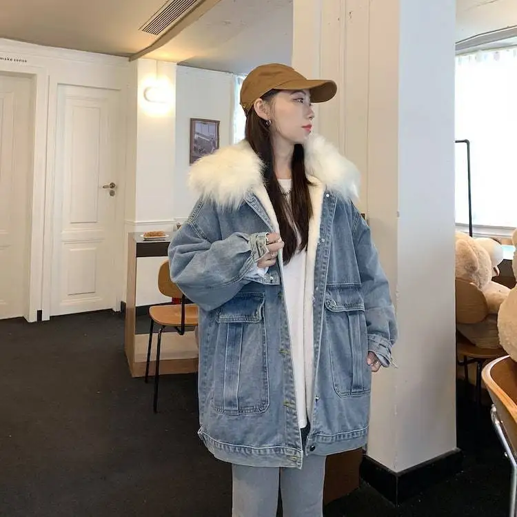 

Denim Coats Winter Fur Plush Womens Transition Season Slim-Fit Elegant Academy Style Modern Professional Commuting Anti-Odor Y2K