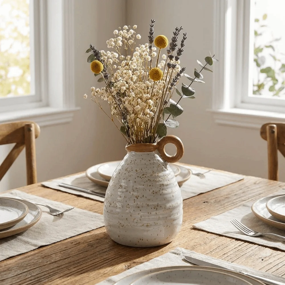 Floral Embossed Polka Dots Ceramic Vase Retro with Handle Tableware Racks Farmhouse Style Luxury Flower Ware Bedroom Decoration