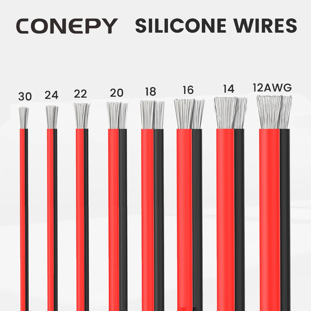 CONEPY Oxygen Free Copper Stranded Silicone Electrical Wire Cables 12AWG 14AWG 16AWG 18AWG 20AWG 22AWG 24AWG 30AWG 16-65 Feet