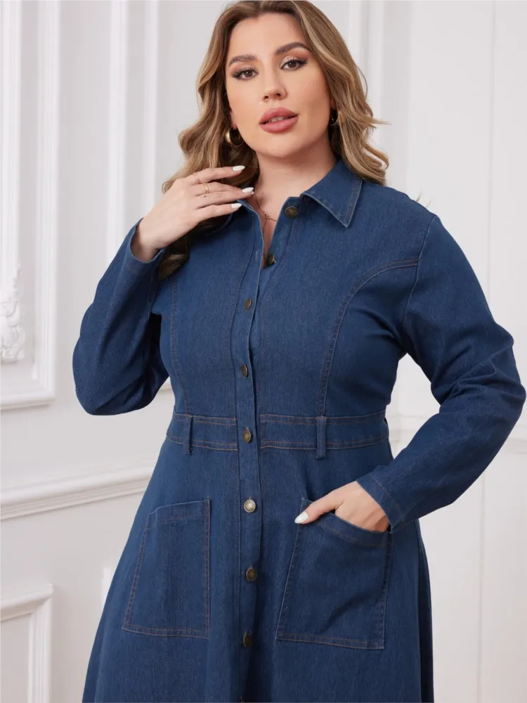 Plus Size Denim Autumn Winter Long Dress Women Ruffle Pleated Fashion Loose Ladies Dresses Long Sleeve Woman Shirts Dress 2023