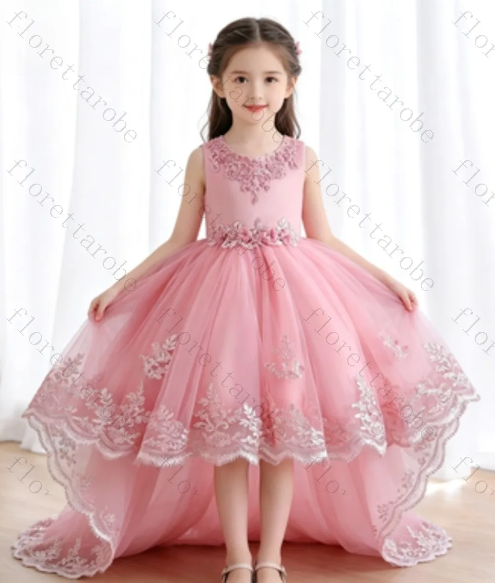 Customized Dusty Rose Sleeveless Girls Flower Girl Dress Floral Lace Embroidery Hi‑Lo High Low Hem Tail Kids Wedding Birthday