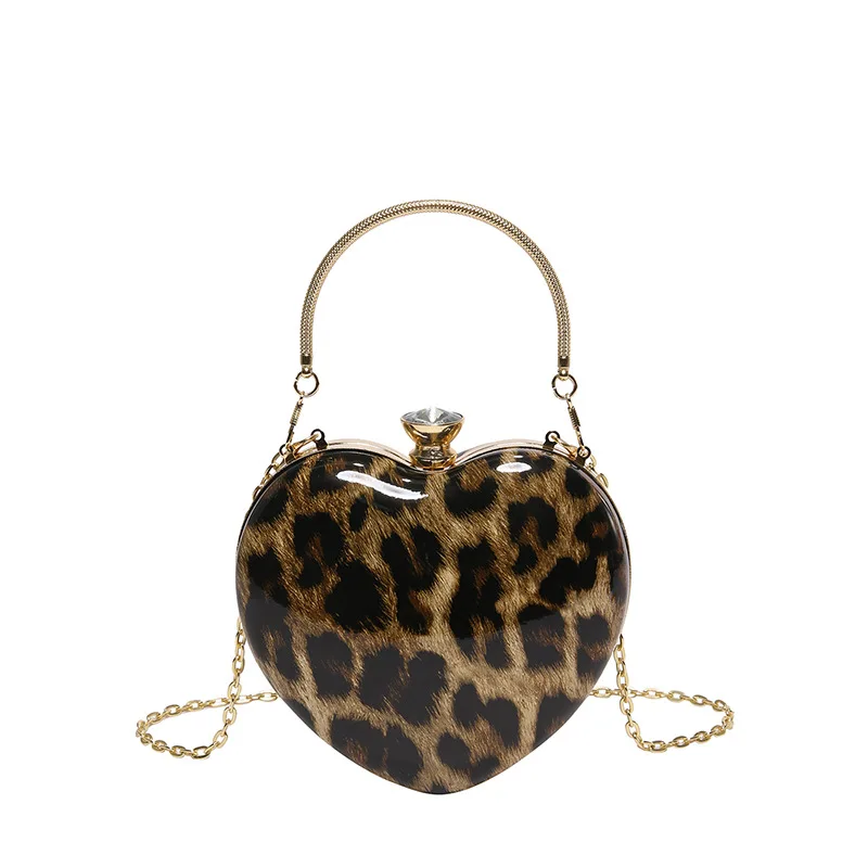 

2025 Ladies Fashion Evening Clutch Bag Heart Shape Acrylic Leopard Print Luxury Handbag Shoulder Bag Women Wrist Bag