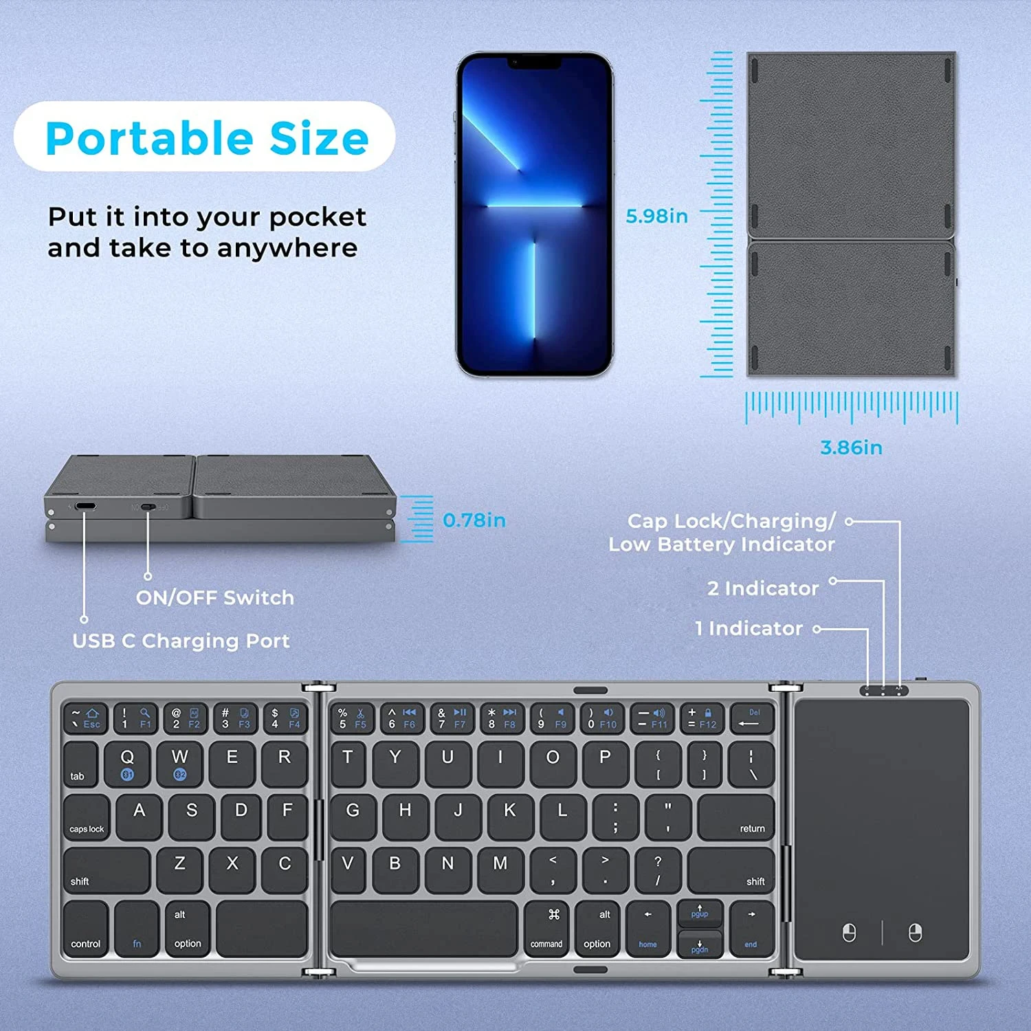 3-Folding Keyboard Mini Wireless Keyboard Foldable Dual Bluetooth Keyboard with Touchpad for Windows Android IOS iPad Phone