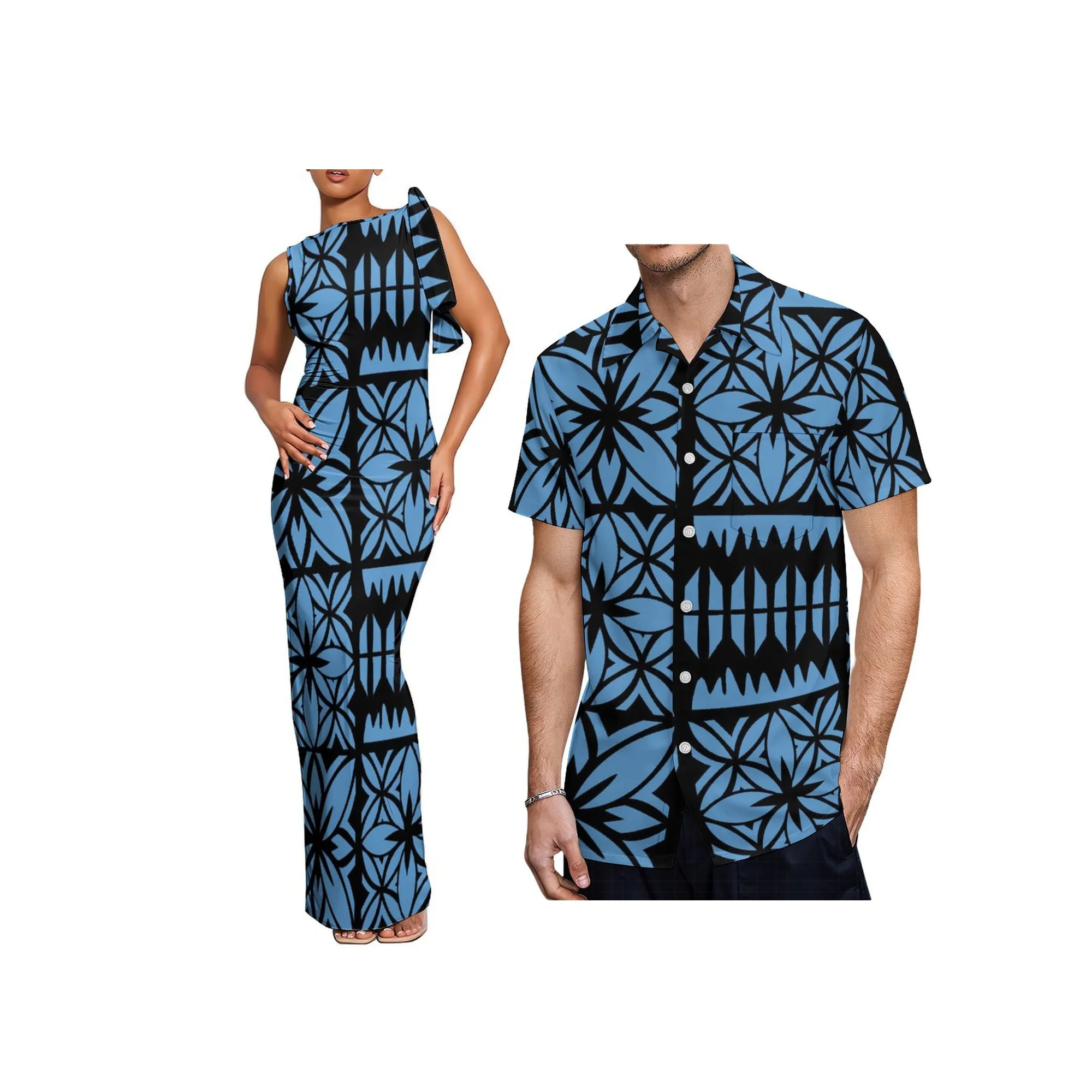 New Wholesale Customized Hawaii Polynesain Tribal Print Women Elegant Lace Up Stacked Dress Tie-Up Design Maxi Dress Vestidos