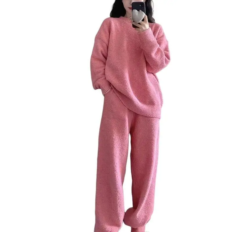 Conjuntos de pijamas de lana Coral para chica joven, ropa de ocio holgada y dulce de princesa con cuello redondo, ropa de hogar de terciopelo para otoño e invierno