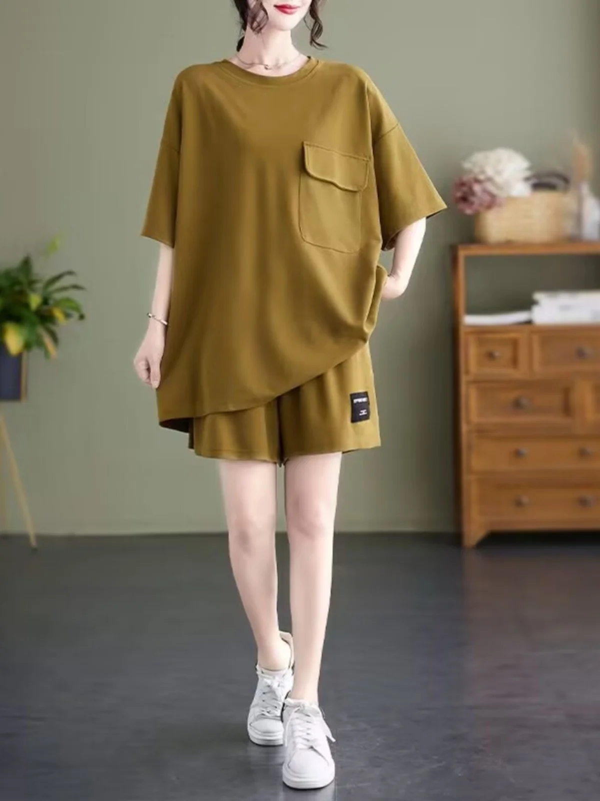 

Summer 2026 Women's Casual Loose Short Sleeve Two-Piece Set Pocket Design plus Size Fashionable Versatile Polyester Fabric