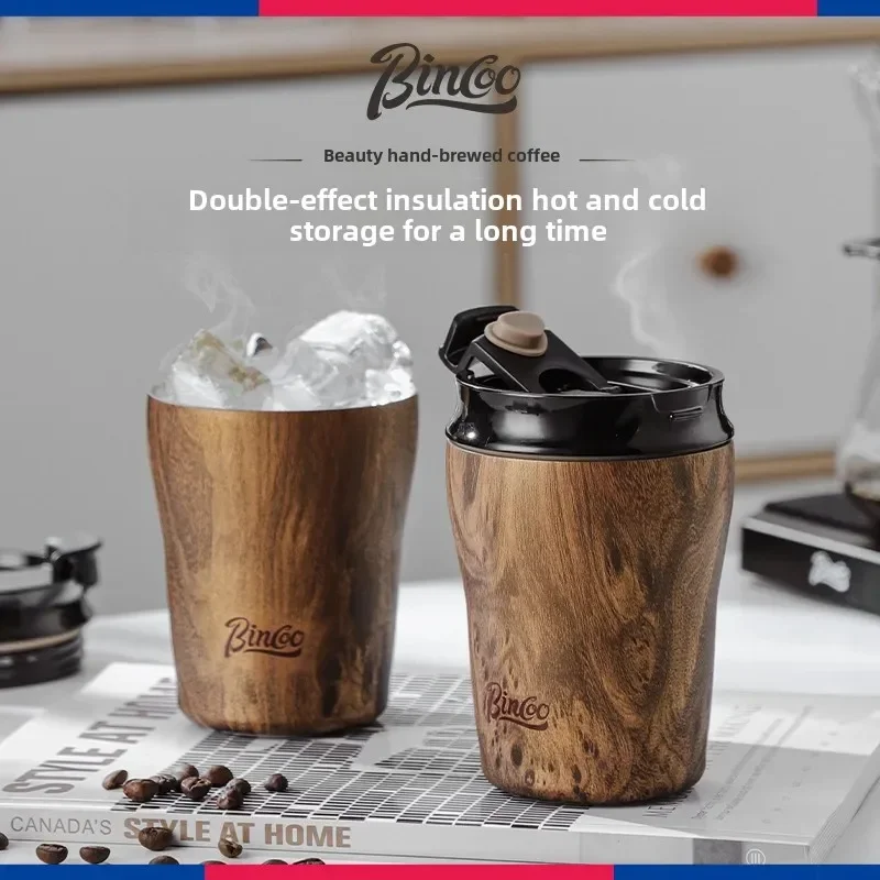 Vintage Wood Grain Accompanying Cup Ceramic Inner Tank Portable Stainless Steel Thermos for Coffee Classic Travel Flask