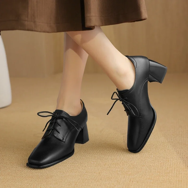 Spring/Autumn Women Pumps Genuine Leather Shoes for Women Square Toe Chunky Heel Women Pumps Lace-up Shoes Black High Heel Shoes