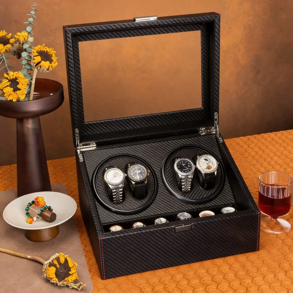 

4+6 Slots Automatic Watch Winder, PU Leather Glass Top Bidirectional Rotation Watch Display Box Jewelry Storage Case,Brown/Black