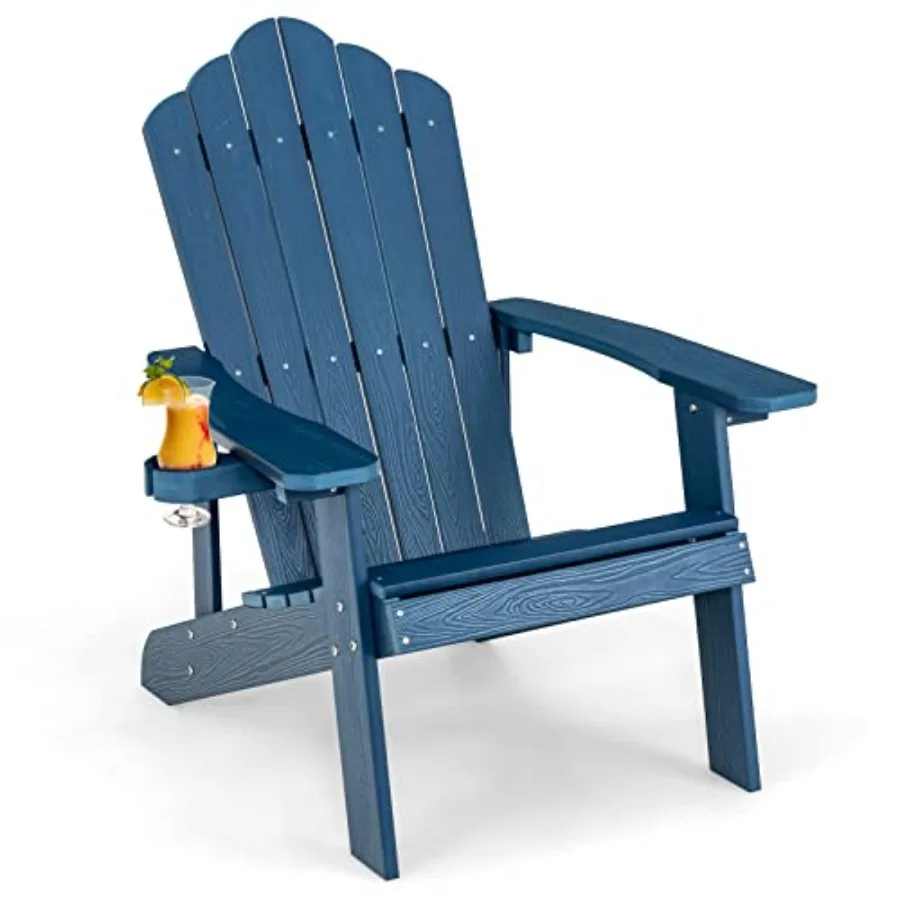 Outdoor Adirondack Chair - Oversized Patio Chairs w/Hidden Cup Holder, Realistic Wood Grain Texture, Gray, 380 LBS Weight Capac