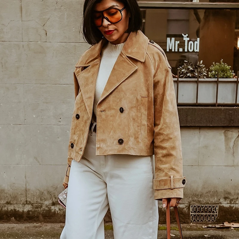 HXAO Wildleder-Trenchcoat für Damen, kurzer Mantel, Kunstleder, Damenjacke, Demi-Saison, langärmelig, zweireihig, Knopfleiste, Windjacke