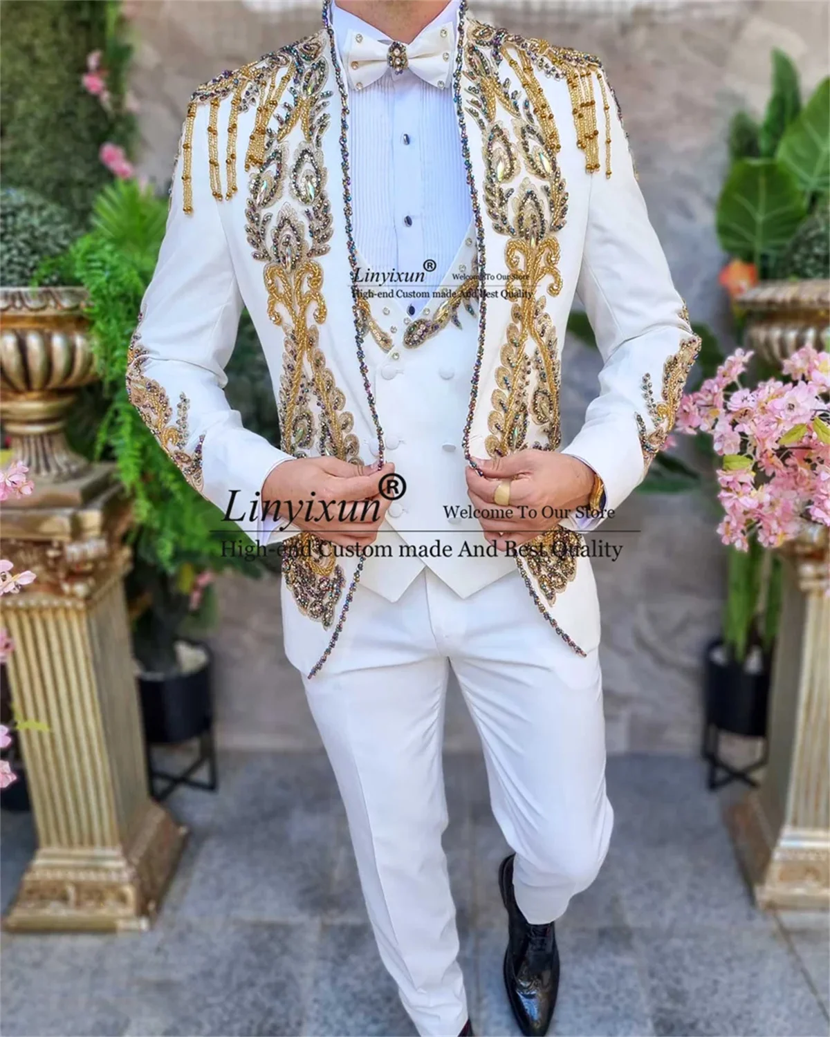 Luxury Beaded Crystals Men Suits Slim Fit Groom Wedding Tuxedos 3 Pieces Sets Male Party Blazers Fashion White vestidos de novia