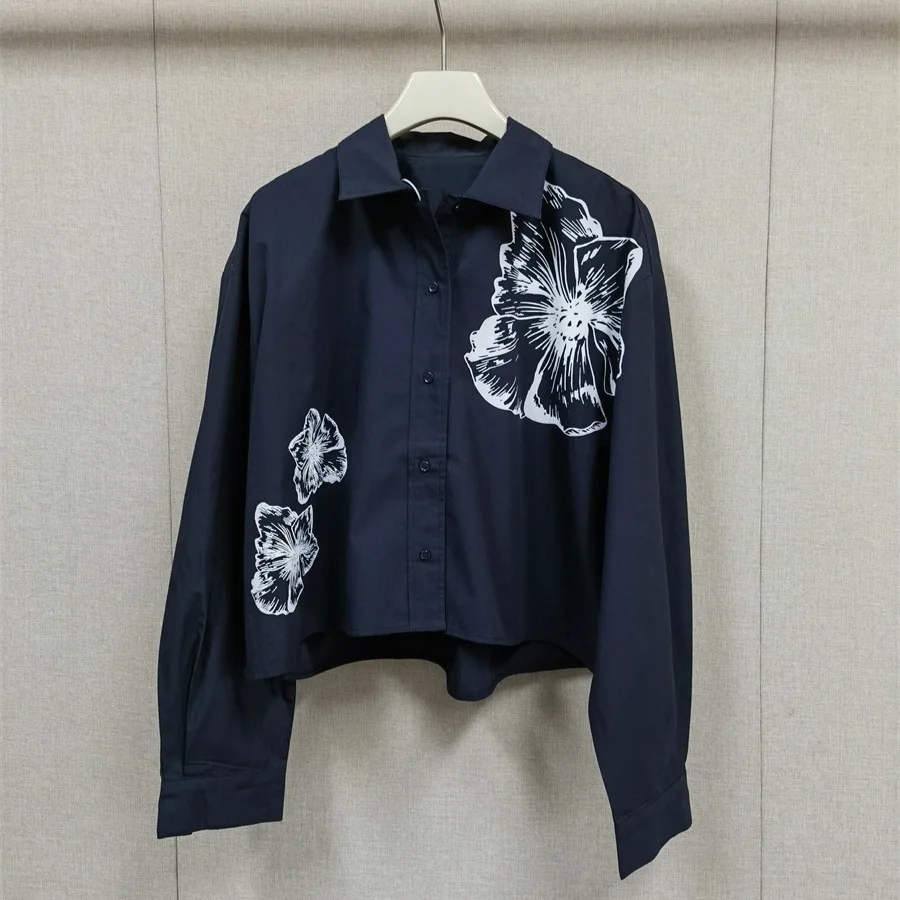 Romantic White Floral Print Shirt And Short Skirt Set Spring Summer Cotton Long Sleeve Turn-down Collar Korean Style Casual F... view 2