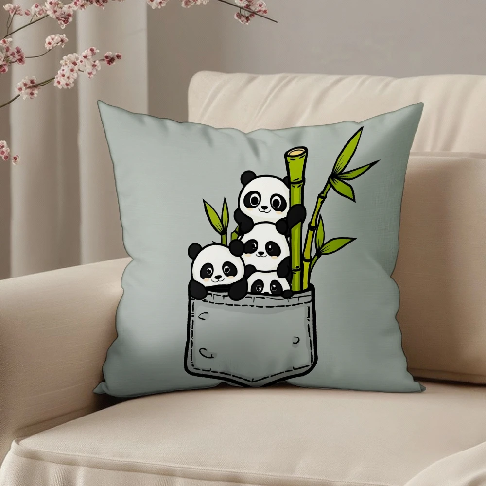 Square Throw Pillow Case Light Green Cute Panda Family In Pocket With Bamboo Print For Living Room Sofa Bedroom Home Decor