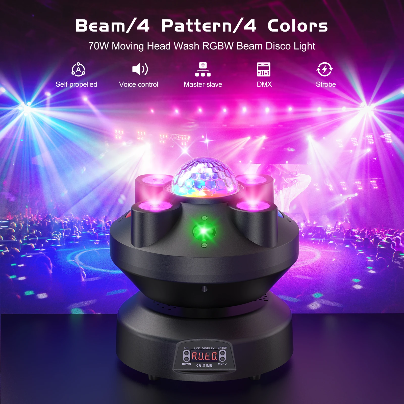 Fieryzeal 70W Magic Ball Disco Light Party Light 4in1 LED RGBW Beam Moving Head Light DMX512 Effect Pattern Strobe Stage Light