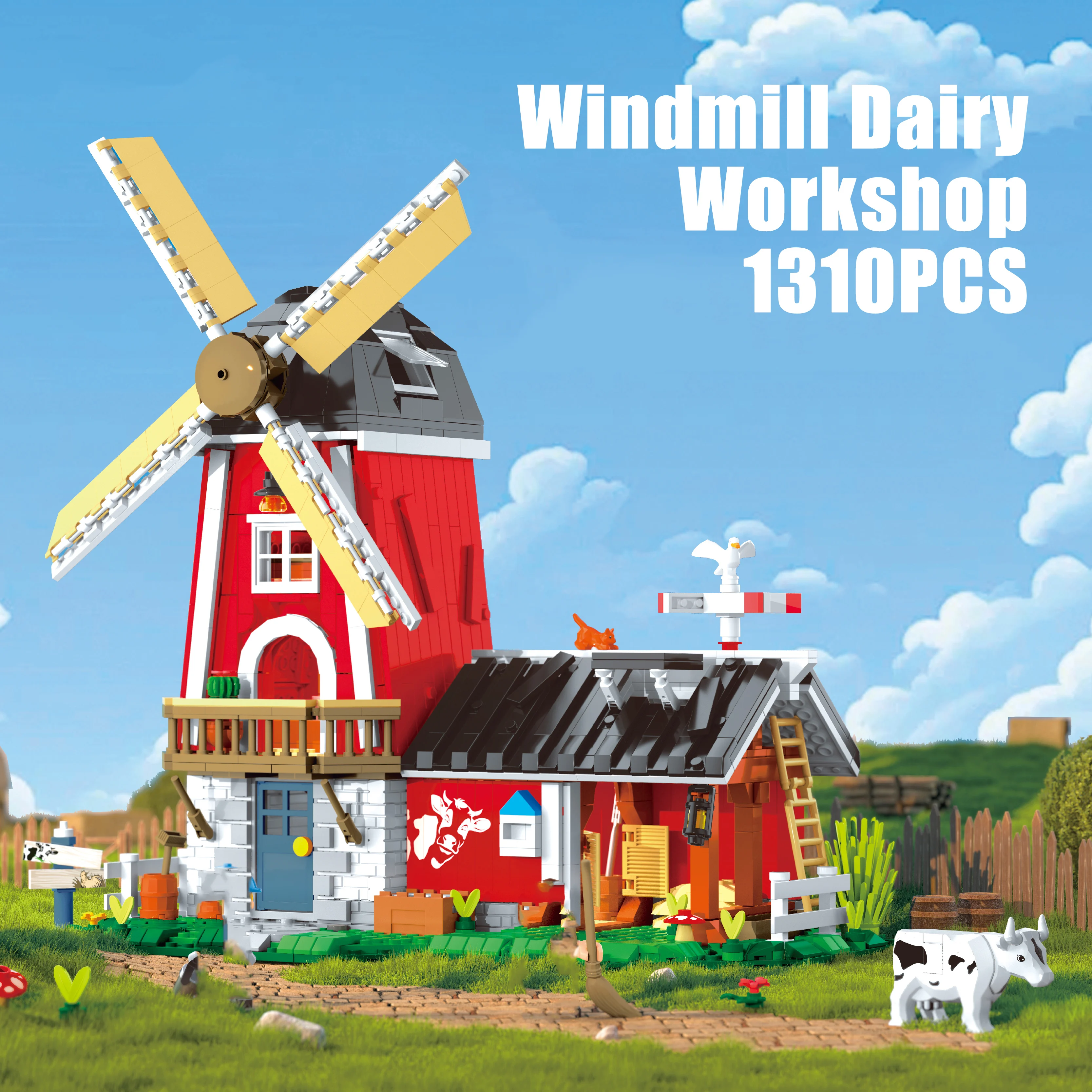 

1310 шт., ветряная мельница, молочная мастерская, наборы строительных блоков со светом, ферма, коровья домик, сборная модель, кирпичи, игрушки, подарки для детей и взрослых