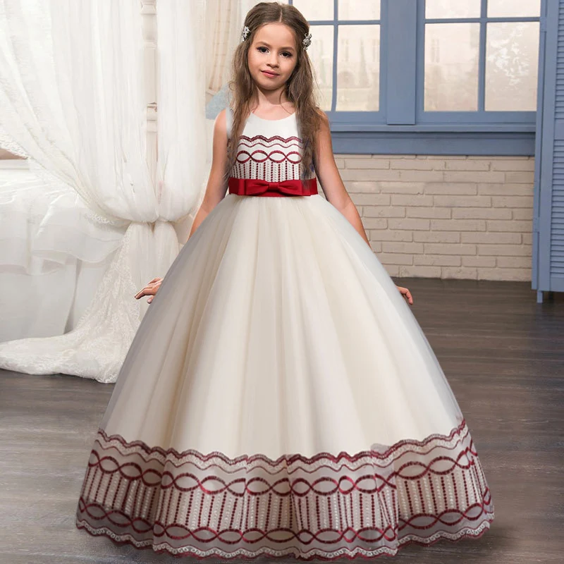 2022 new girls\' embroidered bow princess dress children\'s fashion temperament mesh dress banquet host show evening dress