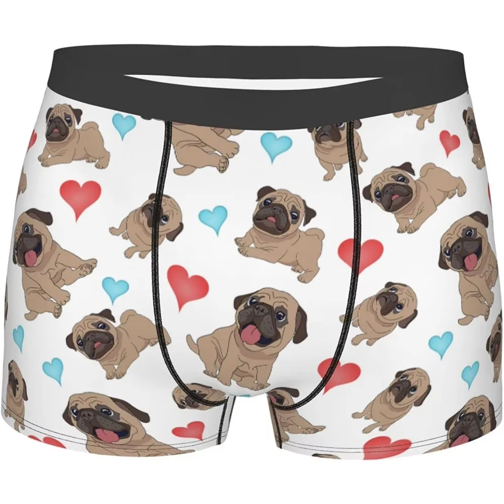 

Men's Boxer Briefs Love Pug Dogs Underwear Trunks Soft Breathable Stretch Wide Waistband Underwear with Bulge Pouch for Men Boys