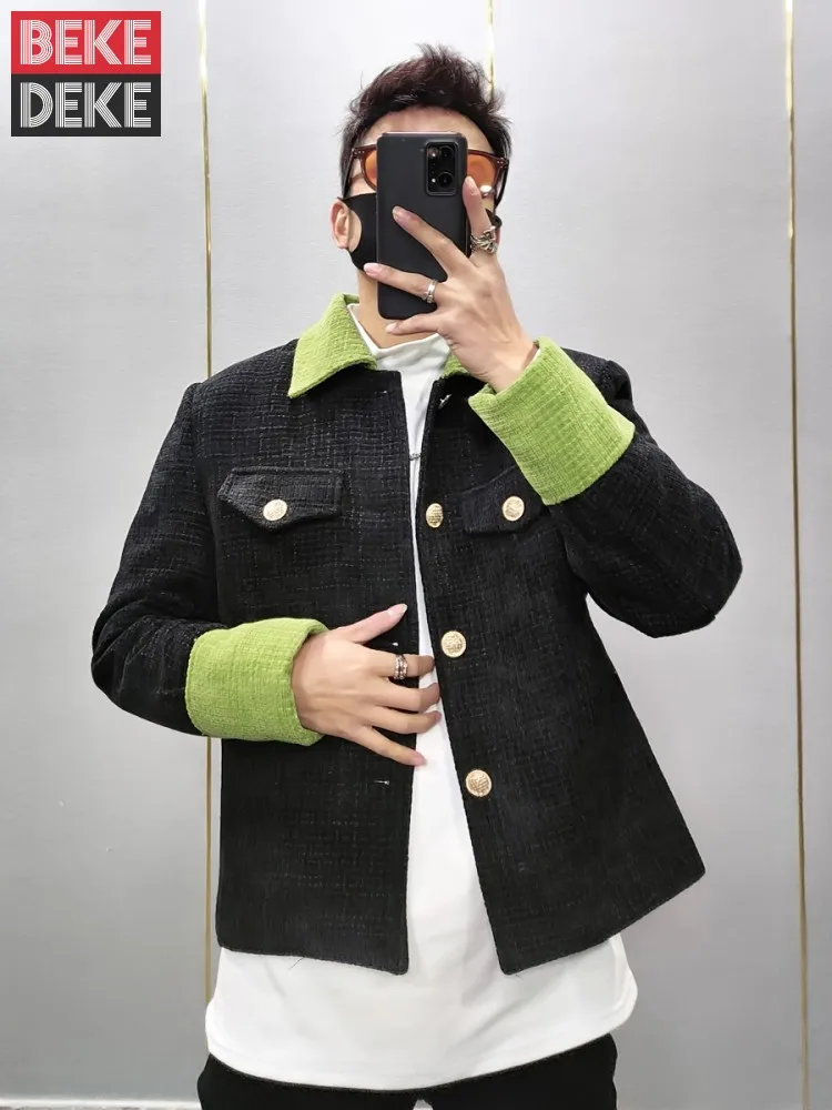 Fashion Men Colors Mixed Slim Fit Short Tweed Jacket Single Breasted Slim Fit High Street Spring Autumn Jacket Thick Padded Coat