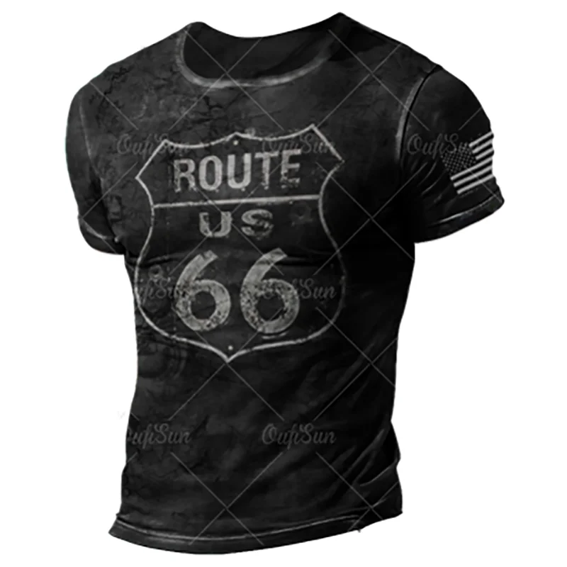 Vintage US Route 66 T-shirts For Men Summer Loose Tops Male Tees Casual Round Neck Short Sleeve Comfortable T-shirt Men Clothing