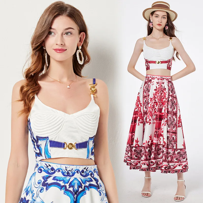 Women's Dress Blue And White Porcelain Retro Printed Metal Buckle Three-dimensional Strapless Top + Wide Skirt Two-piece Set