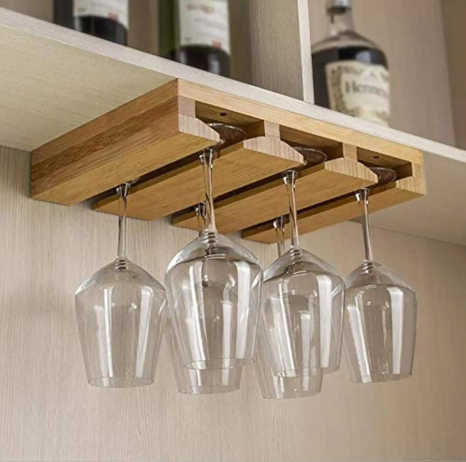 

Bamboo Wine Glass Holder, Under Cabinet Mounted Rack for 6 Glasses, Space-Saving Drying Storage