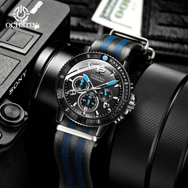 OCHSTIN Man Original Multi-functional Quartz Movement Premium All-match Outdoor Watch Robust Alloy Frame Men's Nylon Strap Clock