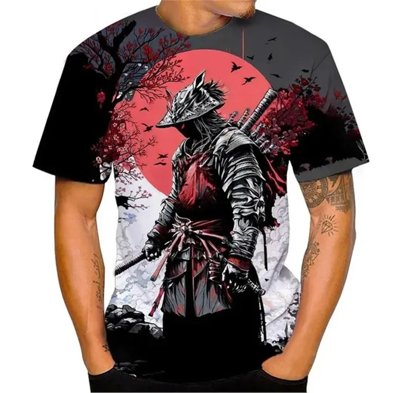 

Japanese Samurai Print Men's T Shirt Casual O-neck Short Sleeve Loose Tops Funny 3D Sakura Pattern Tee Summer Hip Hop Streetwear