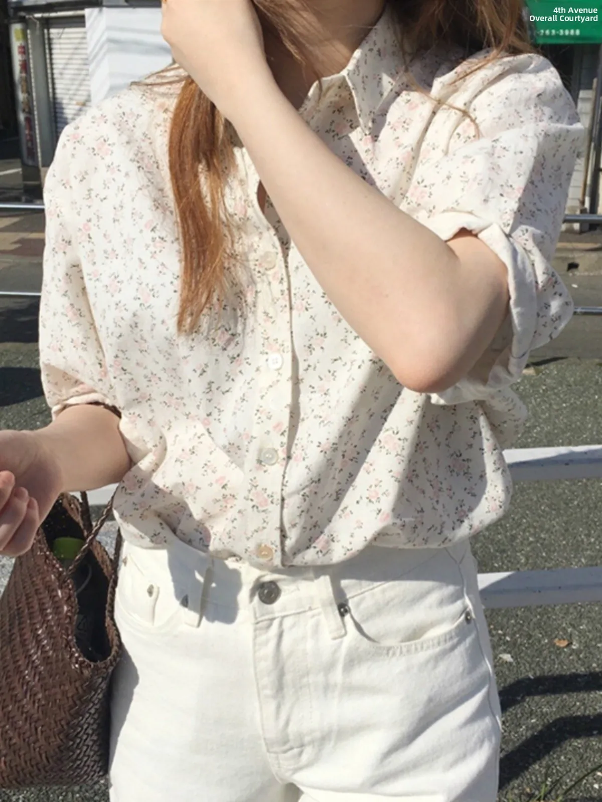 한국 스타일 세련된 꽃 프린트 턴 다운 칼라 반소매 셔츠 여성 여름 다목적 버블 슬리브 탑 신선한 스위트