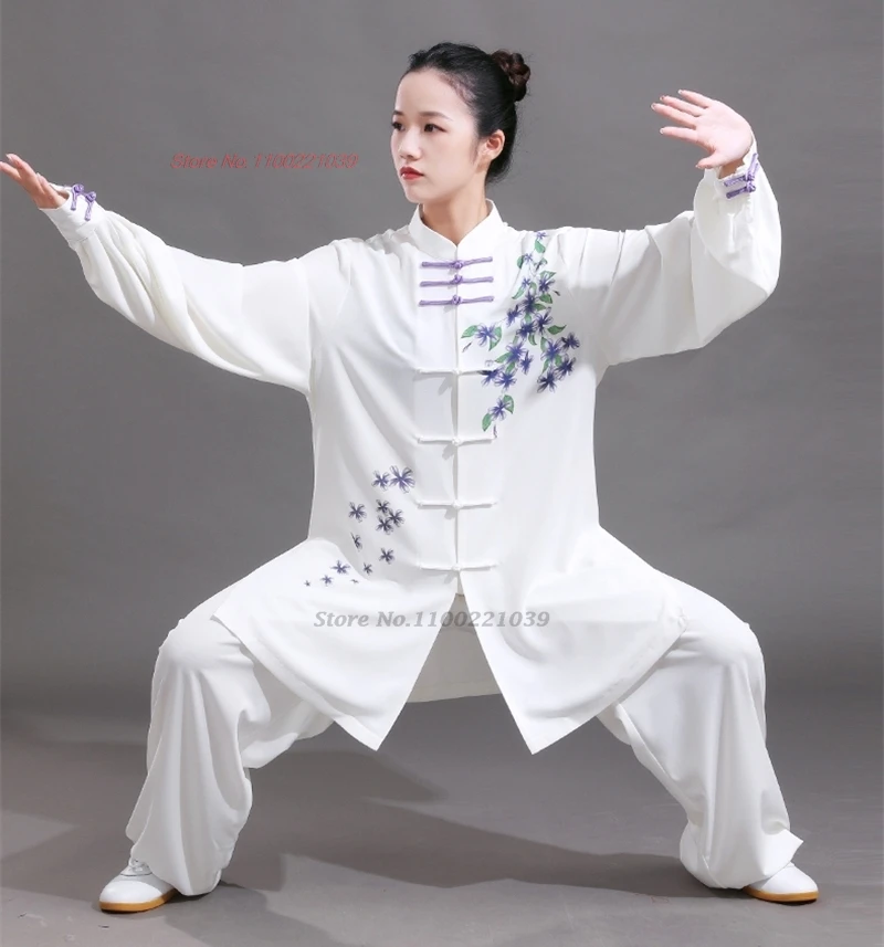 2024 chinese tai chi uniform wushu sports morning exercise tops+pants set flower print stage team performance kungfu tai chi set