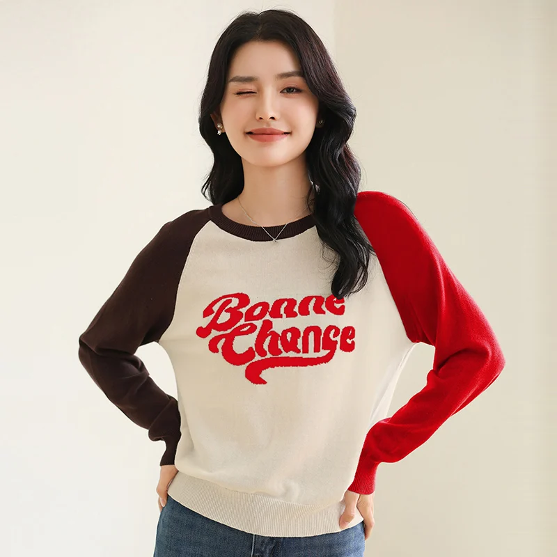 

Spring/Autumn New 100% Cotton Women's Sweater Casual Color blocked Knitted Hoodie Round Neck Tops Loose Pull Embroidered Blouse