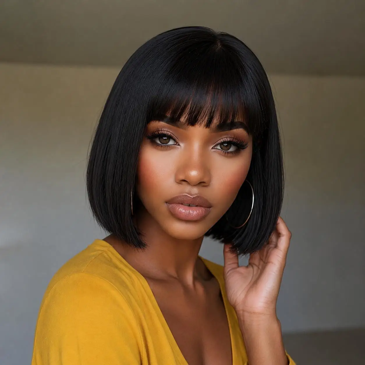 Straight bangs bob haircut, black bangs for daily commuting and dating, straight wig, comfortable to wear, not stuffy