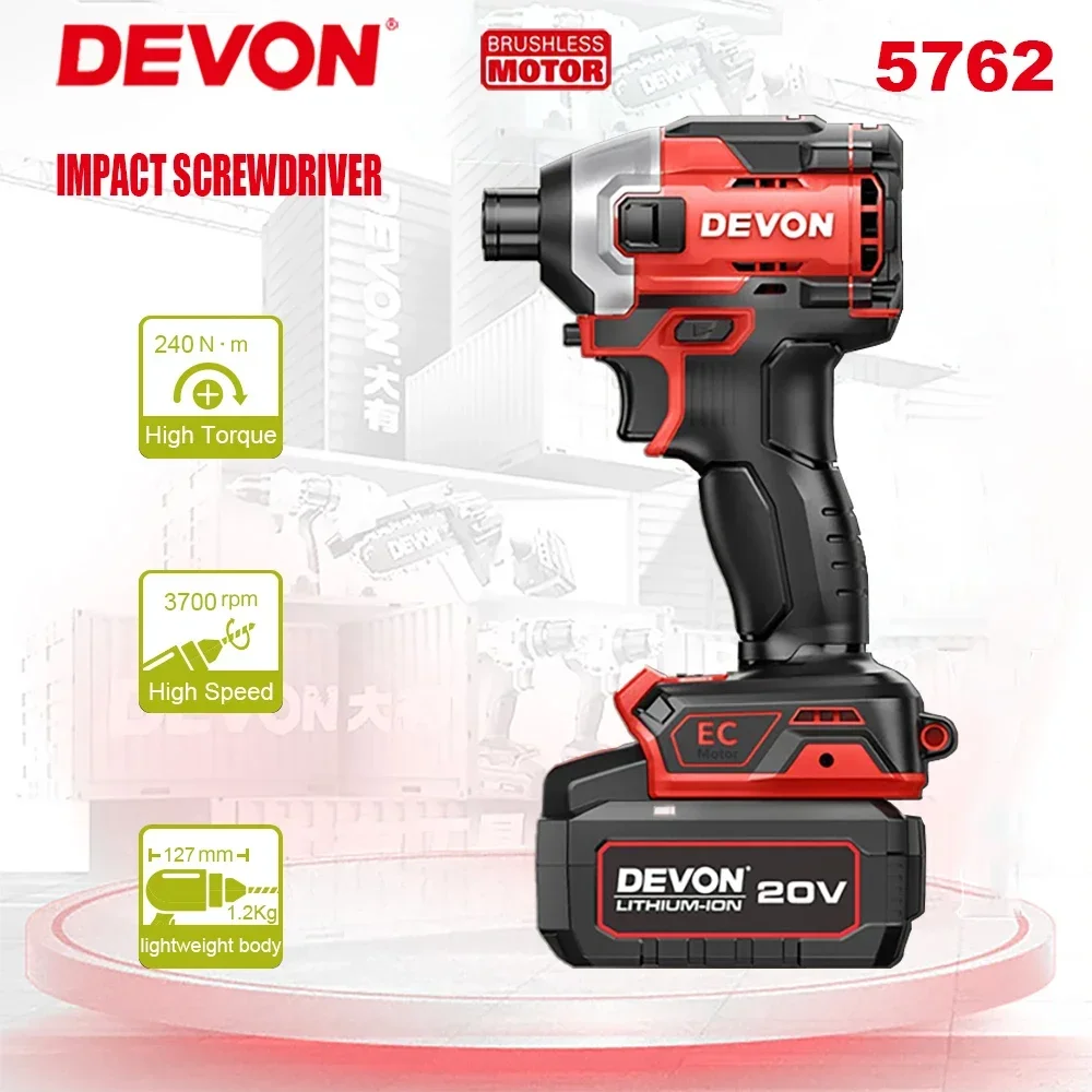 Devon 5762-LI-20 Rechargeable Cordless Impact Screwdriver Brushless 2 Smart Modes 240Nm 3700rpm 4200T/min Universal Flex Battery