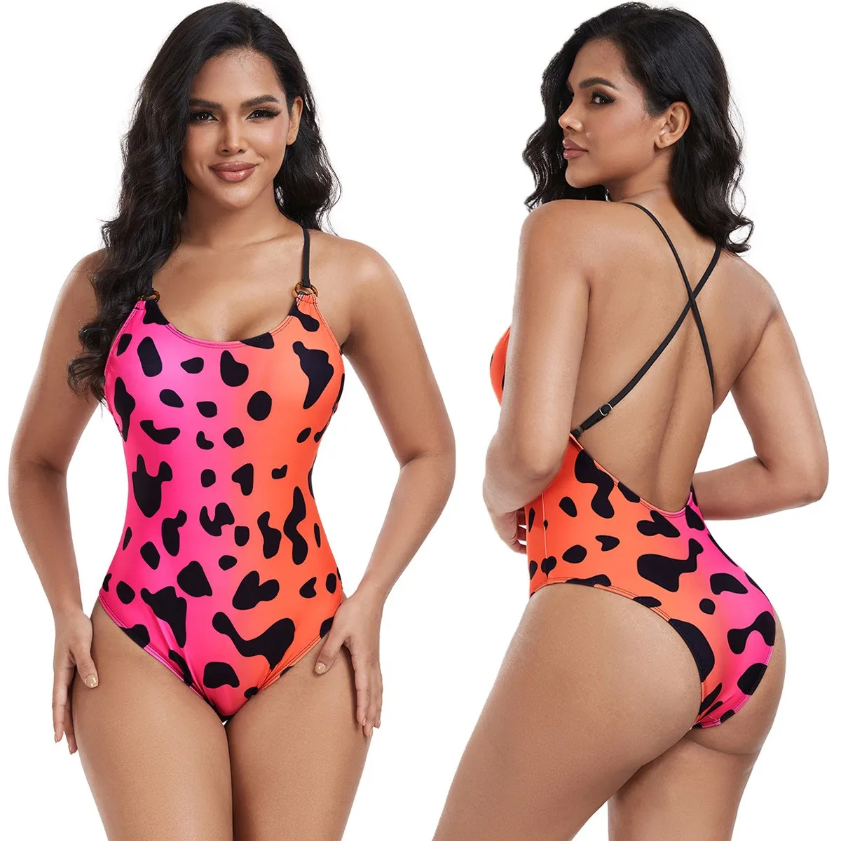 Y2k Bikini Tankini Woman Swimsuit Halter Neck Cross Back Swimwear Gradient Pink Orange High Cut Leg Bikinis Black Spot Pattern