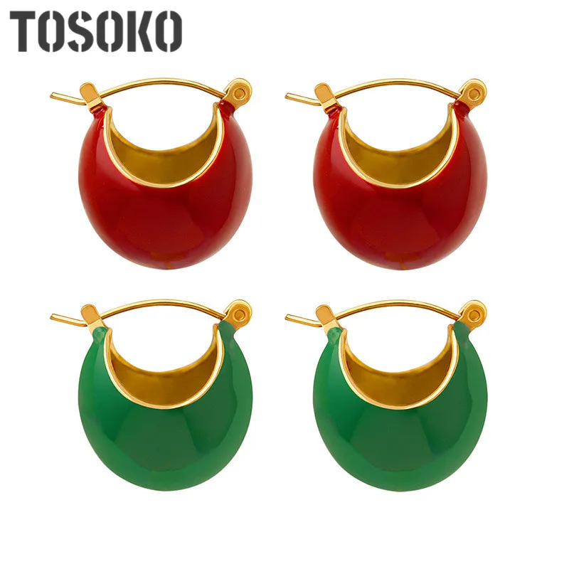 TOSOKO Stainless Steel Jewelry Retro Red And Green Oil Drop Earrings Women Exaggerated Popular Irregular Earrings BSF684