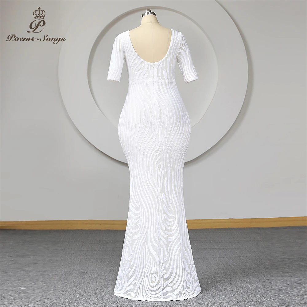 Plus Size Trumpet Evening Dress With Half Sleeves Mermaid White Sequins V Neck Women Long Party Dresses Formal Gown Maxi dress