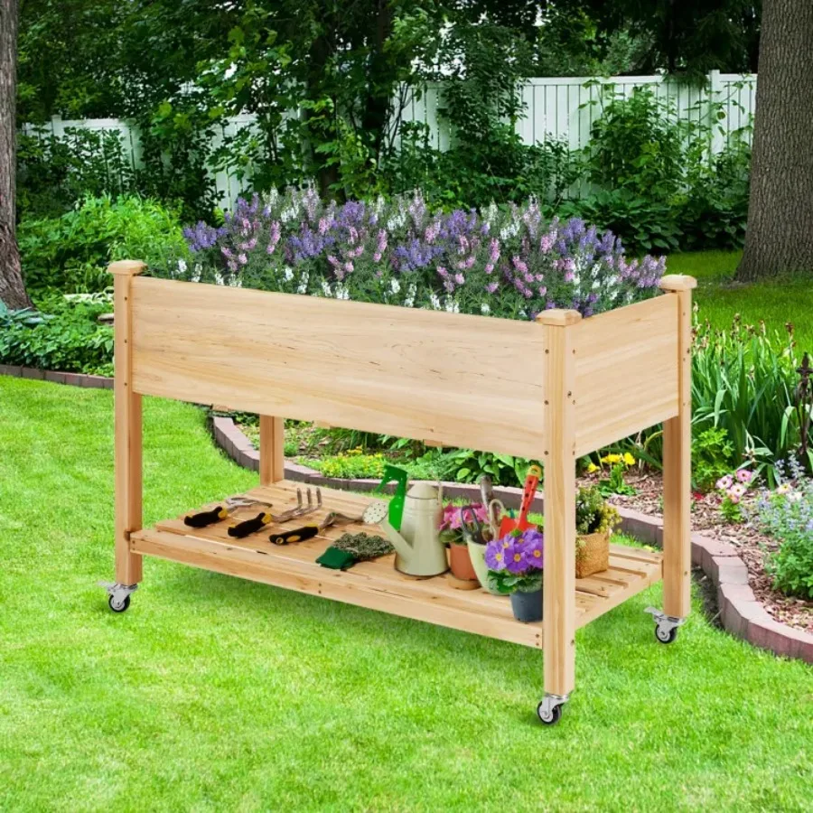 

Wood Elevated Planter Bed with Lockable Wheels Shelf and Liner
