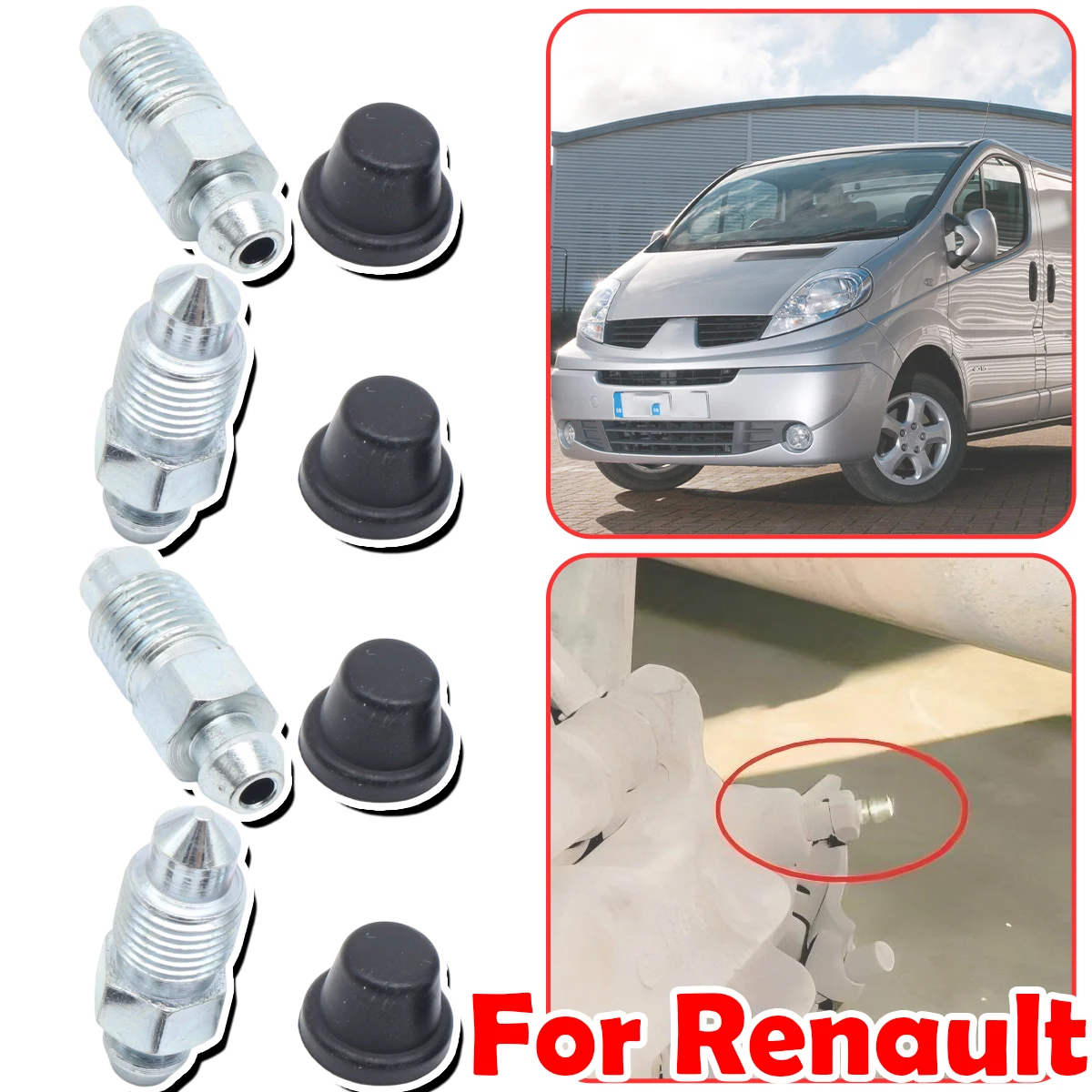 ルノー・マスター・トラフィックMK2 MK3用フロントリアブリーダーバルブとゴム製ダストキャップ左右キャリパーブリードニップルネジ修理